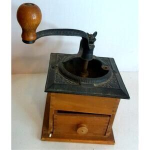 Antique Wood Box Manual Coffee Grinder Vintage Cast Iron Primitive Mill READ